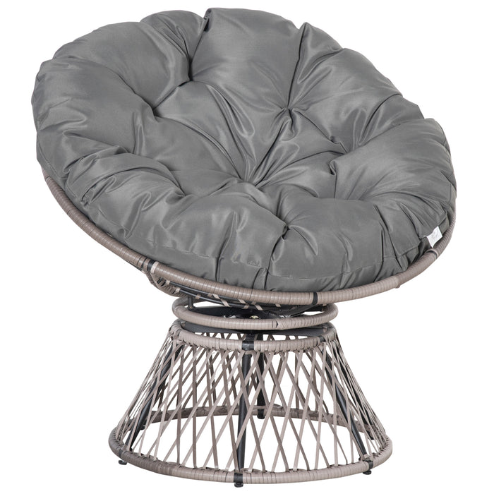 Rattan Papasan Moon Bowl Chair - 360° Swivel, Oversized Wicker Basket Lounge Seat with Grey Padded Cushion - Ideal for Indoor & Outdoor Relaxation