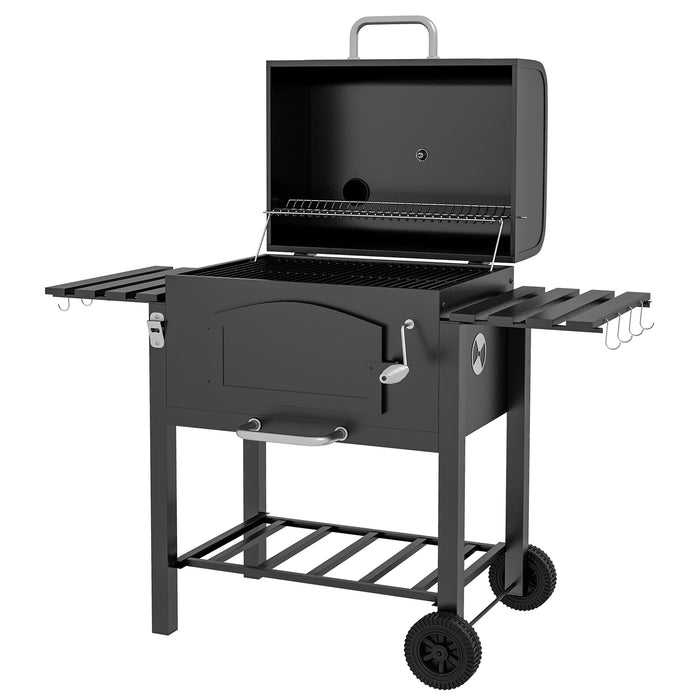 Garden Smoker Charcoal Barbecue Grill Trolley - Adjustable Height, Built-in Thermometer, Handy Shelves, and Opener - Perfect for Outdoor Cooking and Entertaining