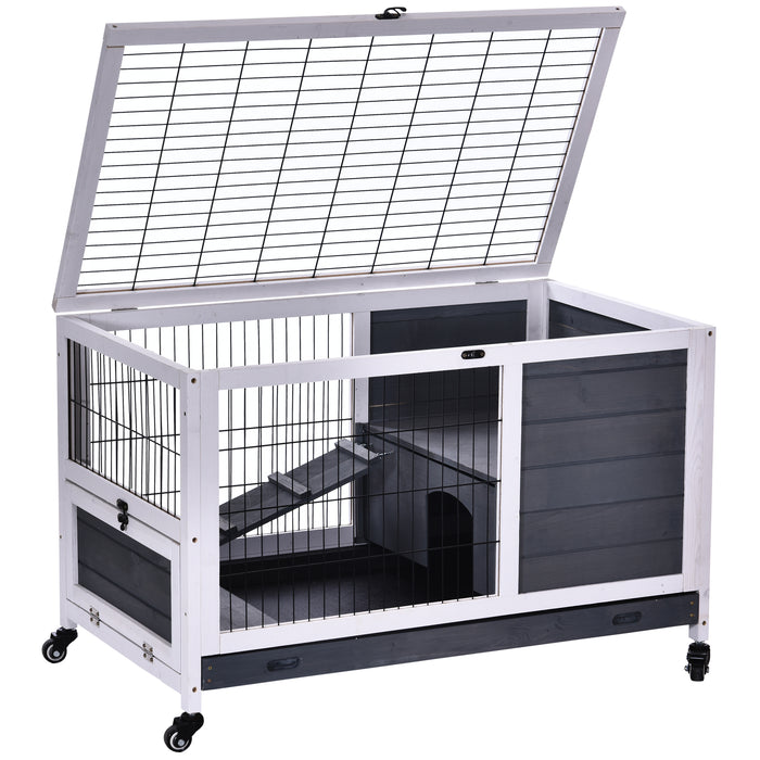 Indoor Fir Wood Rabbit Hutch with Lift-Top - Spacious Grey Enclosure for Bunnies - Ideal for Pet Owners Seeking Stylish & Accessible Living Quarters for Small Animals