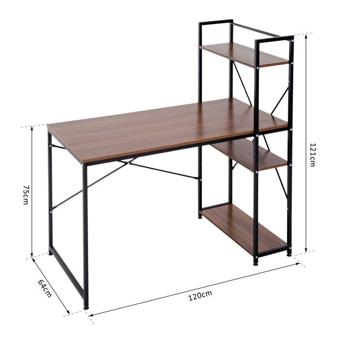 4-Tier Bookshelf Computer Desk - Sturdy Metal Frame with Wooden Top, Home Office Workstation in Walnut & Black - Ideal for Students & Remote Workers