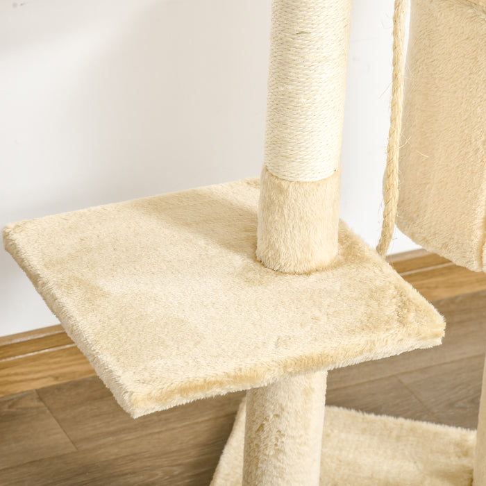 Cat Tree Tower - 114cm Tall Beige Cozy Condo for Cats with Scratching Posts - Ideal for Climbing & Lounging Pets