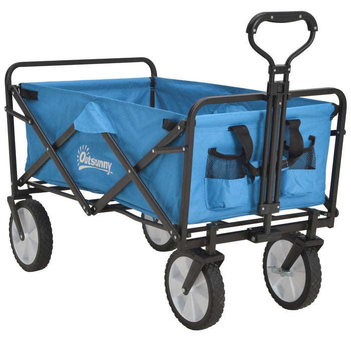 Folding Garden Trolley Cart with Telescopic Handle - Heavy-Duty Cargo Wagon Trailer for Outdoor Use - Ideal for Beach and Gardening Tasks, Blue