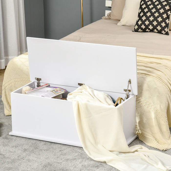 White Wooden Storage Ottoman - Multifunctional Toy Chest, Clothes, Bedding & Blanket Trunk with Seat - Space-Saving Container for Bedroom & Living Room