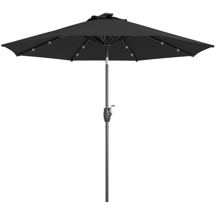 Outdoor Tilt Sun Umbrella with Solar-Powered LED Lights - Φ2.7m Garden Parasol, Hand Crank, 8 Ribs, Patio Sun Shade in Black - Ideal for Nighttime Entertainment & Daytime Relaxation