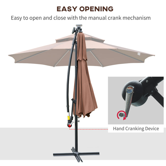 Cantilever 3m Parasol with Solar LED Lights - Double Roof Banana Hanging Umbrella, 8 Ribs, Crank Handle, Cross Base - Ideal for Outdoor Patio, Garden in Coffee Color