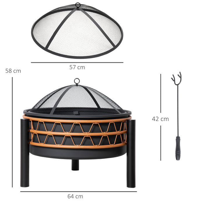 Round Metal Outdoor Fire Pit - Charcoal & Wood Burning Bowl with Screen Cover and Poker - Ideal for BBQ, Patio, and Camping Activities