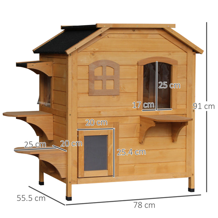 Cat Haven Wooden Cat House - 2-Level Condo & Cave Shelter for Pets - Outdoor Villa with Natural Wood Finish for Feline Comfort and Security