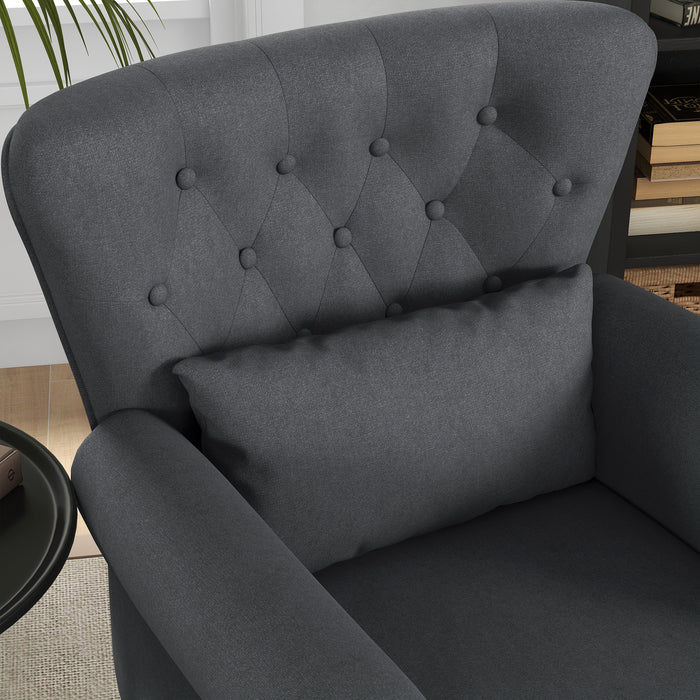 Chesterfield-Style Wingback Chair - Tufted, Nailhead-Trimmed Armchair with Pillow in Dark Grey - Elegant Seating Solution for Living Room and Bedroom