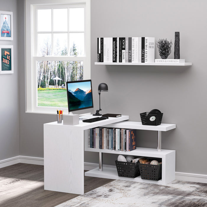 L-Shaped Swivel Corner Desk - 360° Rotating Home Office Workstation with Storage Shelf - Ideal for Writing & Computer Setup in White