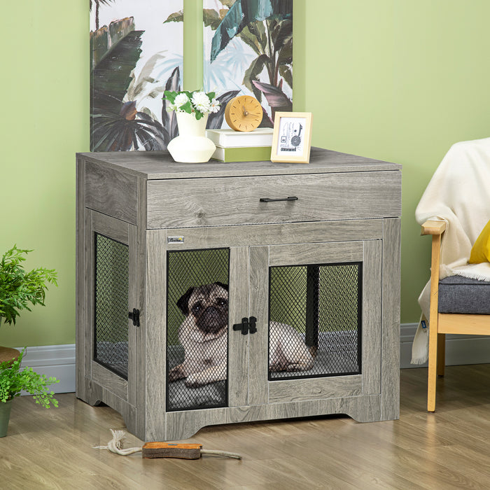 Indoor Dog Crate Cabinet with Comfort Cushion - Dual-Entrance Pet Kennel and Side Table with Storage Drawer for Medium Dogs - Stylish Home Accessory for Pet Owners