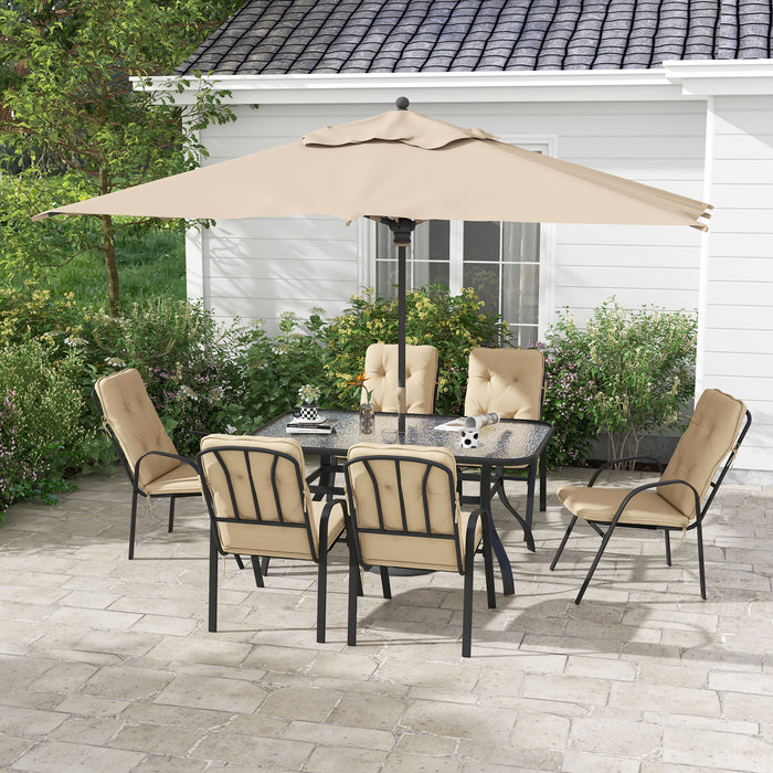 7 Piece Garden Dining Set - Outdoor Table with Tempered Glass Top and Umbrella Hole, 6 Beige Texteline Armchairs with Cushions - Ideal for Patio Entertaining and Family Meals