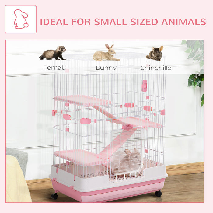 Multi-Level Small Pet Habitat with Wheels - 4-Tier Cage for Bunnies, Ferrets, Chinchillas - Easy Mobility & Cleaning with Removable Tray in Pink