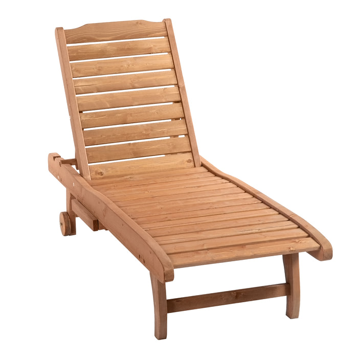 Outdoor Wooden Lounger with Built-In Table - Adjustable Backrest, Wheels, Red Brown Sun Bed - Perfect for Patio Relaxation and Sunbathing