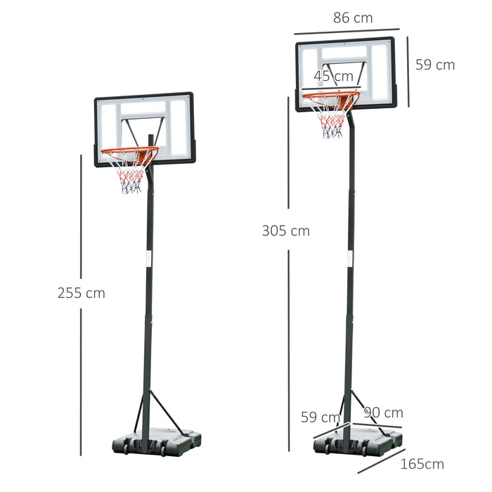 Freestanding Basketball Hoop 255-305cm - Adjustable Stand, Backboard, and Wheels - Perfect for Teens and Adults Outdoor Play