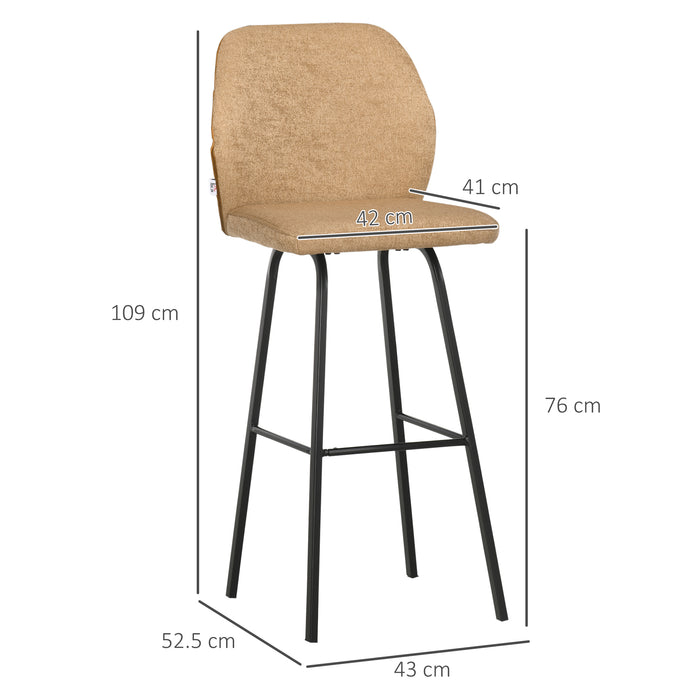 Linen-Touch Upholstered Bar Chairs Set of 4 - Comfortable Kitchen Stools with Backs and Steel Legs, Light Brown - Ideal for Dining Room and Kitchen Island Seating