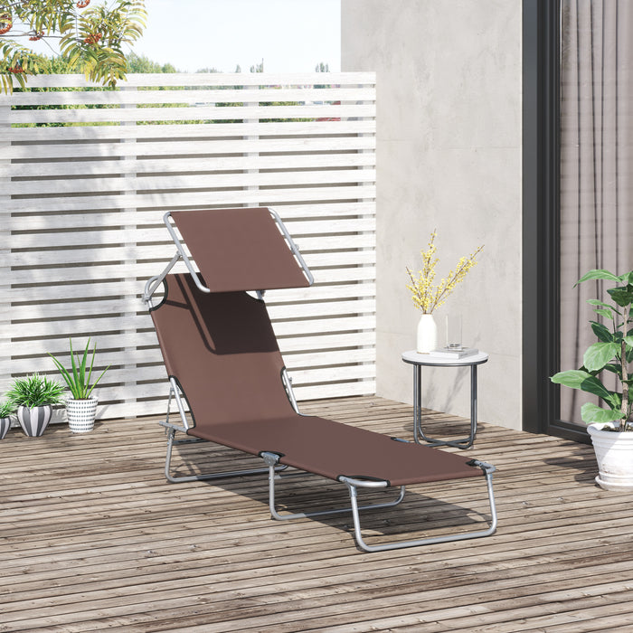 Folding Sun Lounger with Adjustable Reclining Chair - Beach and Garden Patio Recliner with Sun Shade Canopy, Brown - Ideal for Outdoor Relaxation and Sunbathing