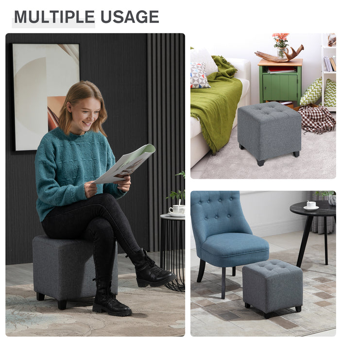 Linen-Look Ottoman with Button Tufting - Upholstered Square Footstool, Padded Wood Frame, Side Table Functionality - Stylish Grey Home Furniture for Living Room Comfort and Versatility