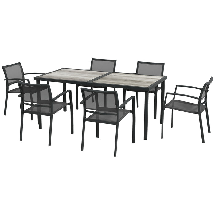 7-Piece Garden Dining Set with Stackable Chairs - Breathable Mesh Seating, Plastic Top Table for 6, Space-Saving Design - Ideal for Outdoor Patio and Poolside Use