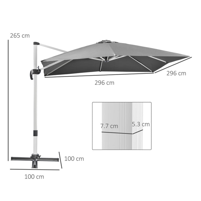 Cantilever 3x3m Parasol - Square Garden Umbrella with Aluminium Frame and Cross Base - Features Crank Handle, Tilt, and 360° Rotation for Outdoor Shade