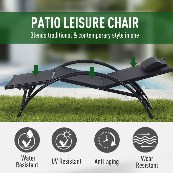 Adjustable Half Circle Sun Lounger with Armrest - Black Aluminium Frame and Textline Seat, Head & Footrest for Garden Patio - Includes Comfy Pillow for Outdoor Relaxation