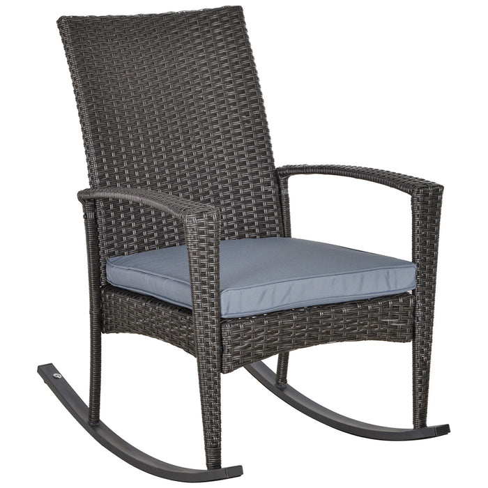 PE Rattan Rocking Chair with Cushion - Grey Outdoor Garden Furniture, Durable & Comfortable - Ideal for Patio Relaxation and Porch Lounging