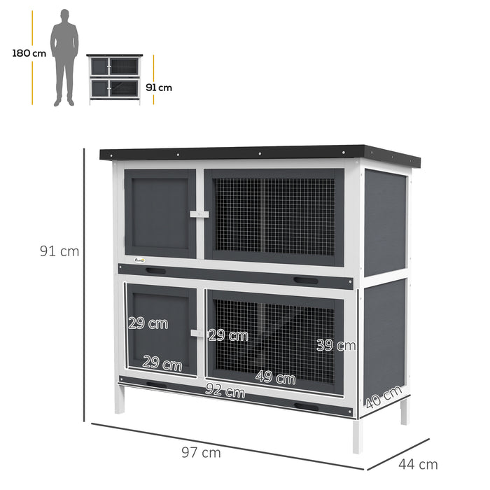 Double Decker Rabbit Hutch - 2-Tier Guinea Pig House with Sliding-Out Tray, 100x47x91cm, Grey - Ideal Outdoor Pet Cage for Small Animals