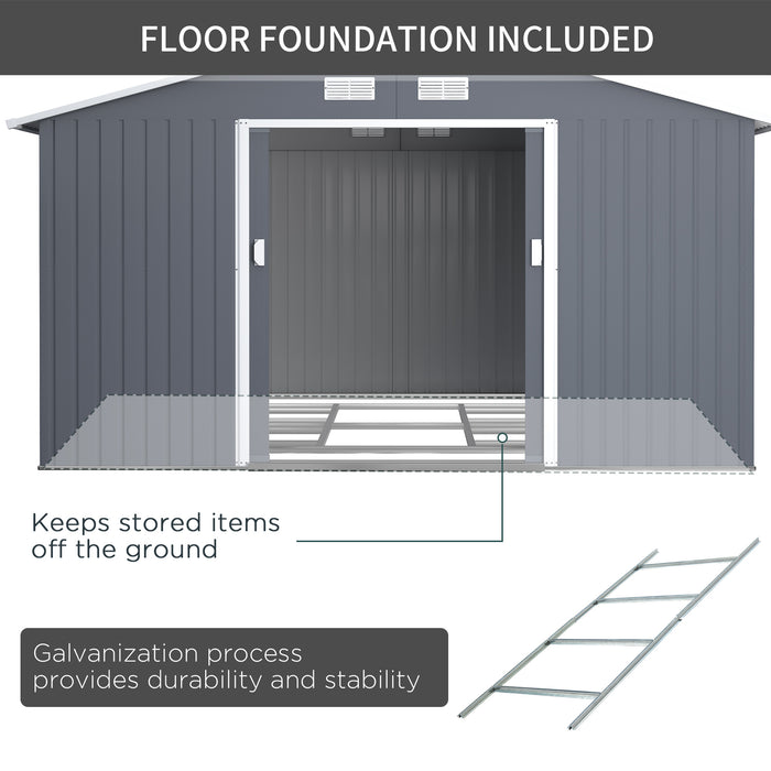 Foundation Ventilation Steel Shed - 13 x 11 ft Large Outdoor Storage, Grey - Ideal for Garden and Equipment Protection