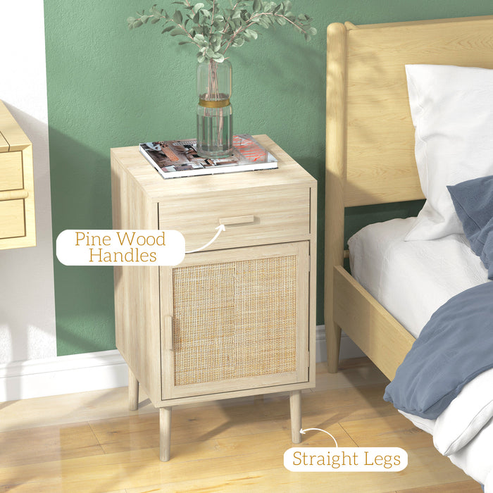 Rattan Side Tables with Adjustable Shelf and Storage - Set of 2 Bedside Cabinets with Drawer in Natural Wood Effect - Ideal for Bedroom and Living Room Organization