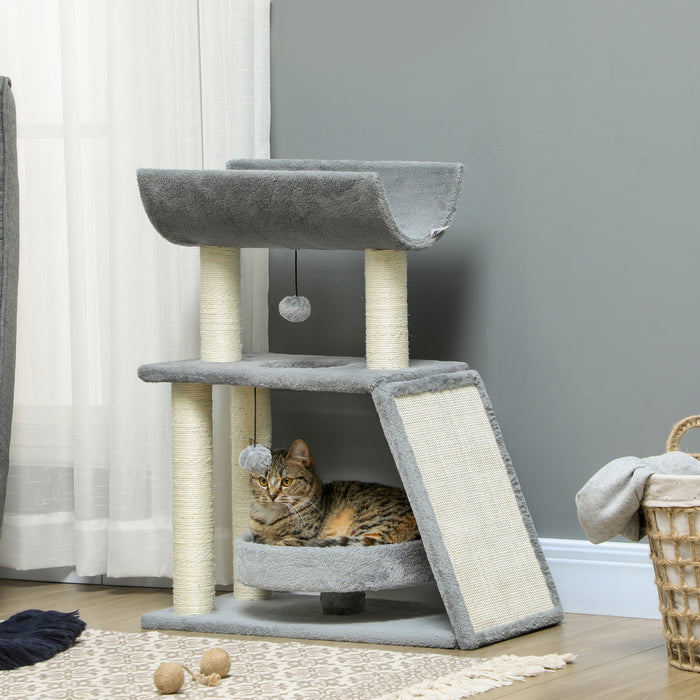 Cat Tree Tower with Multiple Features - Scratching Posts, Cushioned Pad, Cozy Bed, Elevated Perch & Playful Toy Ball - Perfect for Play & Rest for Felines