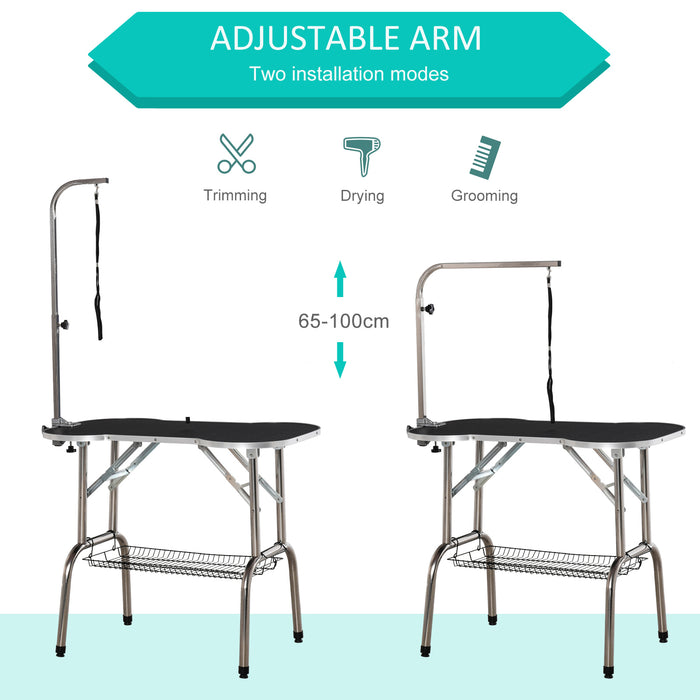 Foldable Pet Grooming & Drying Table with Adjustable Arm - Non-Slip Rubber Top, Aluminum Alloy Edge, Stainless Steel Bar - Ideal for Dog Groomers and Home Use