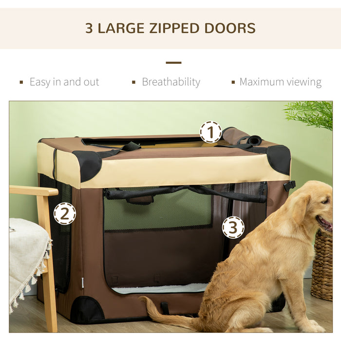 Foldable 91cm Animal Transport Crate - Comfy Cushioned Pet Carrier for Medium Dogs and Cats - Travel-Friendly in Stylish Brown