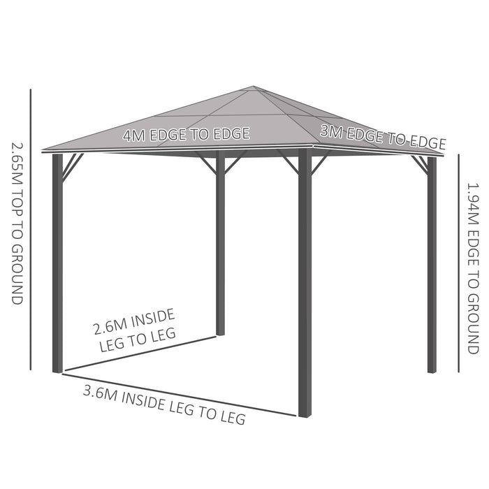 Aluminium Garden Gazebo 4x3m with Hardtop Roof - Canopy Marquee with Mesh Curtains & Side Walls, Grey - Ideal Outdoor Shelter for Parties & Patio Use