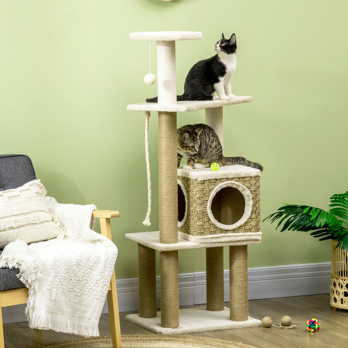 Cat Tower Activity Center - Sturdy Jute Scratching Post, Cozy Condo & Playful Hanging Ball Toy - Ideal for Indoor Cats and Kittens Entertainment