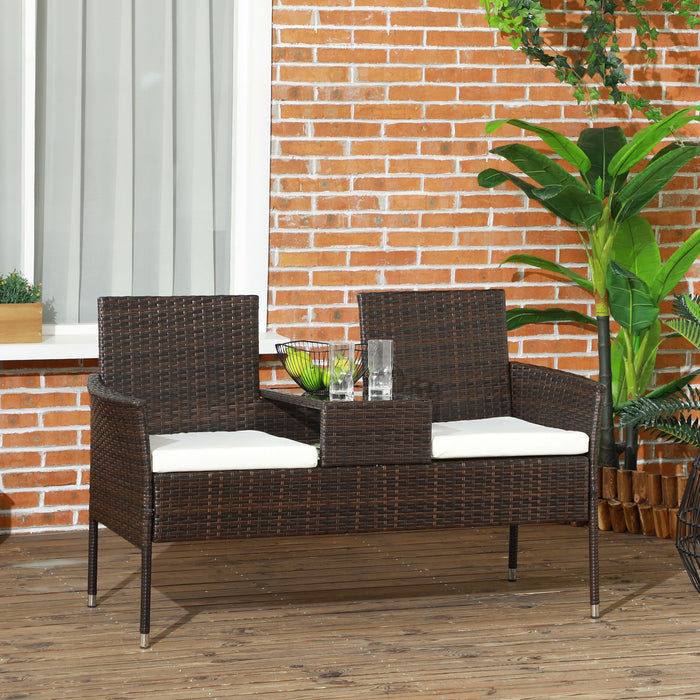 Rattan Double Seater Chair with Integrated Center Table - Stylish Brown Outdoor Furniture for Couples and Small Patios