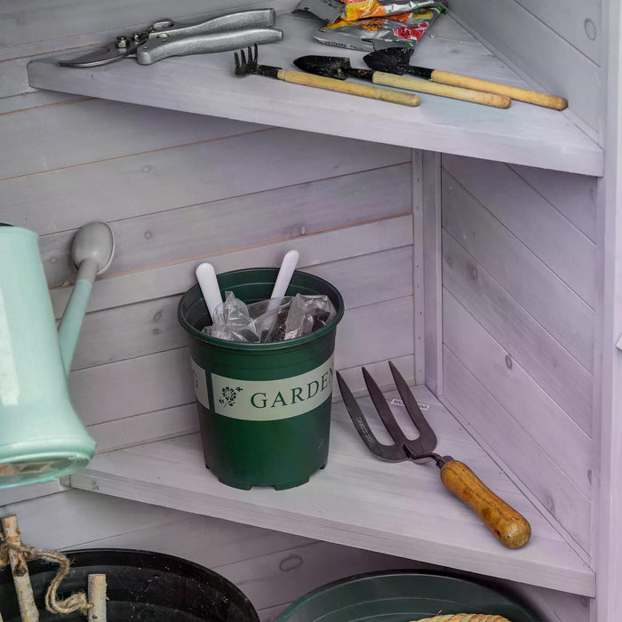 3-Tier Wooden Garden Cabinet - Outdoor Storage Shed with 2 Shelves and Lockable Doors, Hooks, Foot Pad - Light Grey Organizer for Tools and Equipment