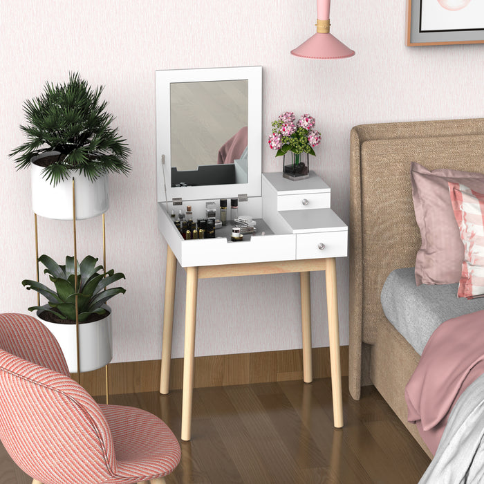 Modern MDF and Pine Dressing Table with Flip-Up Mirror - Versatile Desk with 2 Drawers in Sleek White Finish - Ideal for Bedroom Makeup Station and Work Area