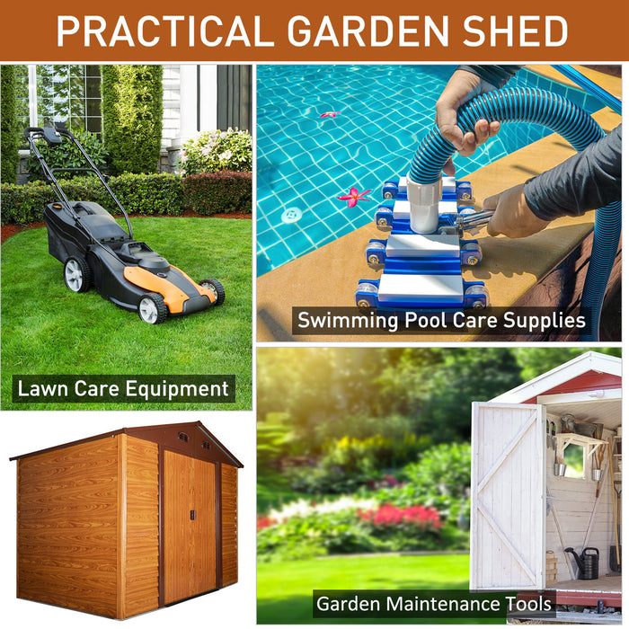 Metal Apex Garden Storage Shed - 9x6.5 ft, Brown Wood Grain, Foundation & Ventilation Included - Outdoor Tool and Equipment Organizer