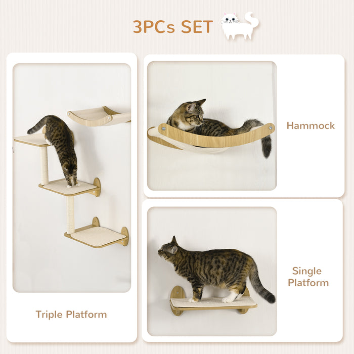 Cat Climbing Shelf Set with Jumping Platforms, Hammock, Scratching Post - Wall-Mounted Oak Sturdy 3PCs Activity Center - Ideal for Energetic Kittens & Agile Cats