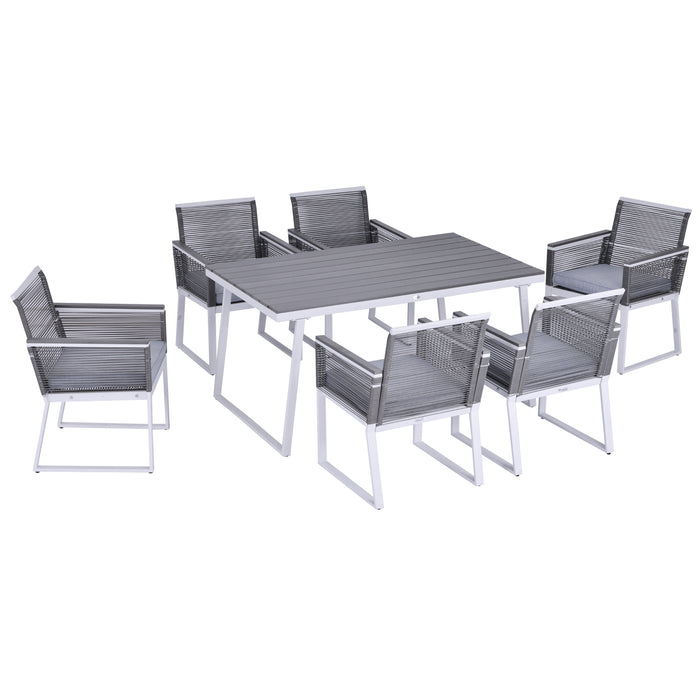 6-Seater Outdoor Rattan Dining Ensemble - PE Rattan Cushioned Chairs with Rectangular Table and Sturdy Box-Shaped Frame in Grey - Ideal for Patio & Garden Entertaining