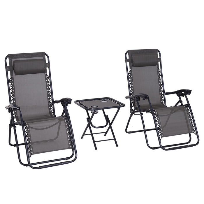 Zero Gravity Chair and Table Combo - 3-Piece Sun Lounger Set with Cup Holders, Reclining Design for Garden and Poolside - Ideal for Relaxing Outdoor Comfort, Dark Grey