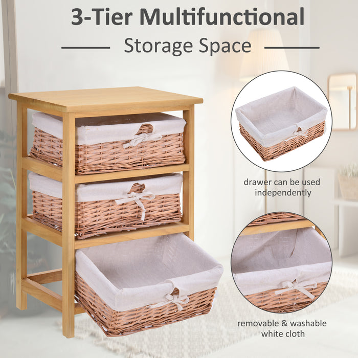 Wicker Basket Dresser with 3 Drawers - Wooden Frame Storage Shelf for Home & Office - Natural Finish Organizer for Bedroom Space Saving