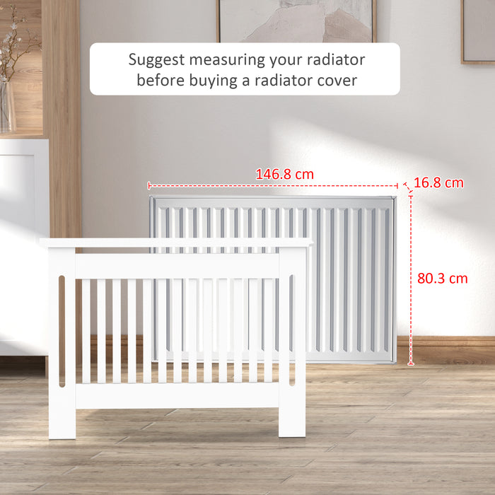 Radiator Cabinet with Slatted Design - White Painted MDF with Lined Grill, 152x19x81cm - Elegant Home Heating Protection & Decor Enhancement