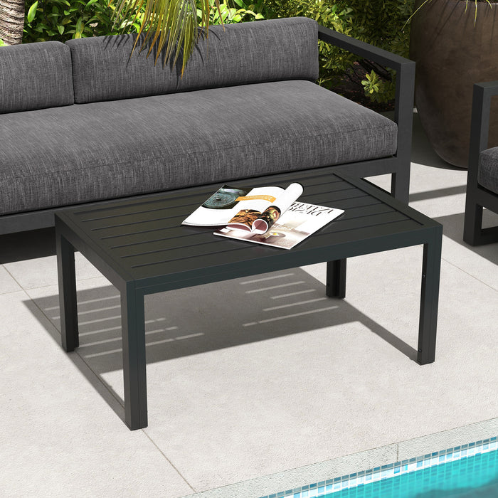 Patio Coffee Side Table with Steel Frame - Rectangular Outdoor Side Table with Slat Tabletop - Ideal for Garden and Balcony Use