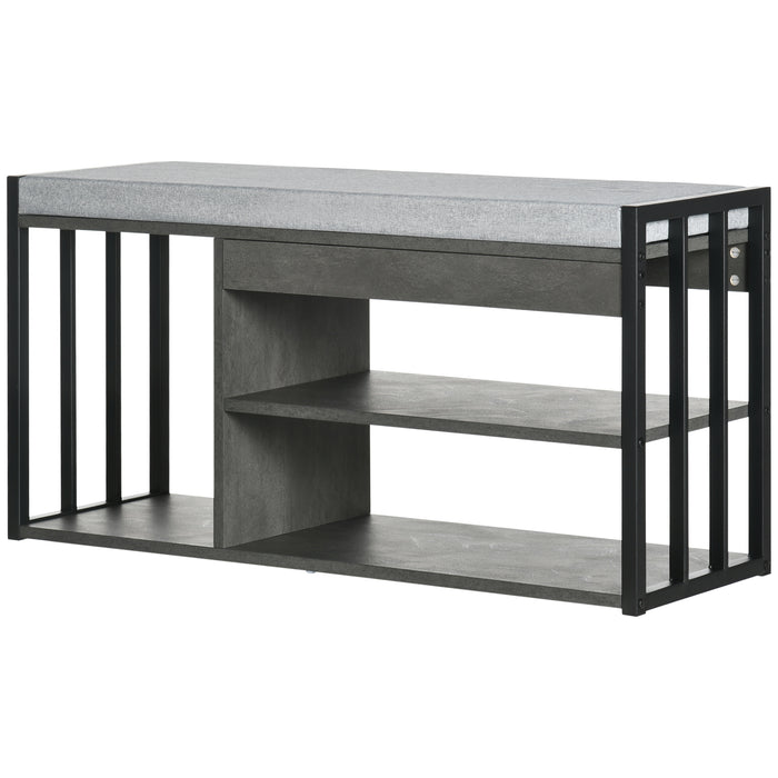 Upholstered Grey Shoe Bench with Seating - 3-Tier Entryway Storage Solution with Open Shelves - Stylish Organizer for Hallway Comfort and Clutter-Free Space