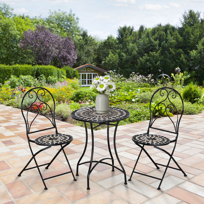 3 Piece Mosaic Bistro Set - Garden Outdoor Furniture with Tile Top Coffee Table & Folding Chairs - Perfect for Patio and Balcony Entertaining