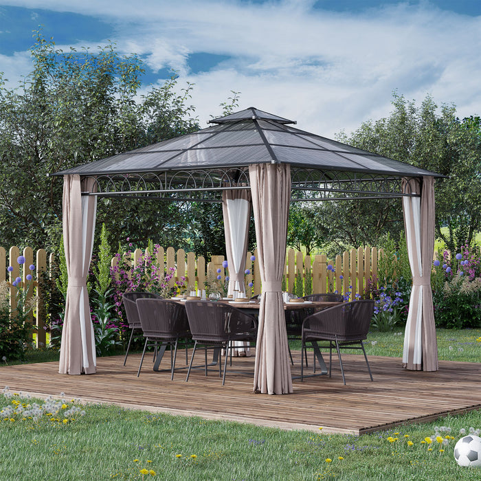 Outdoor Polycarbonate Gazebo 3x3m - Double Roof Hardtop with Galvanized Steel Frame - Includes Nettings & Curtains for All-Weather Protection