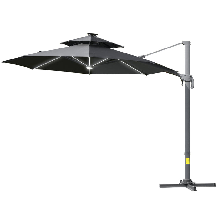 3M Adjustable Cantilever Parasol with Solar Lights - Power Bank, Cross Base, 360° Rotation, 2-Tier Canopy for Garden - Outdoor Sunshade Umbrella for Patio Comfort and Style