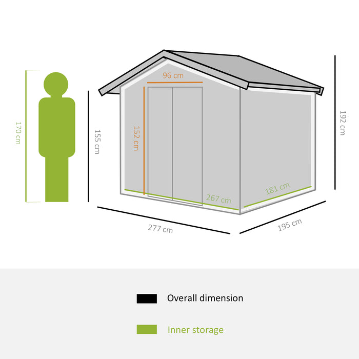 Outdoor Garden Roofed Metal Storage Shed 9x6FT - Tool Box with Foundation, Ventilation, and Doors in Dark Grey - Ideal for Equipment and Tool Organization