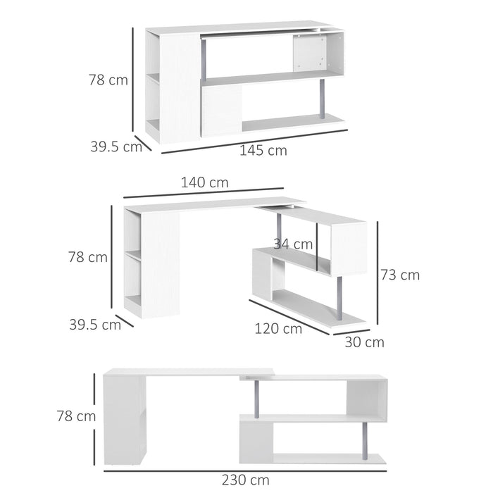 Rotating Corner Desk with Storage - 360-Degree L-Shaped Wooden Laptop Workstation - Space-Saving Table for Home Office, White Finish