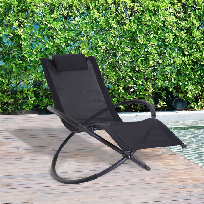 Zero Gravity Outdoor Orbital Lounger - Foldable Patio Rocking Chaise with Pillow, Black - Ideal for Relaxation and Sunbathing